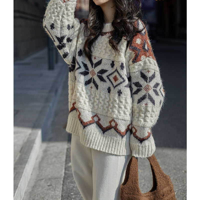 Damen Grobstrickpullover mit geometrischem Muster und Rundhalsausschnitt EB