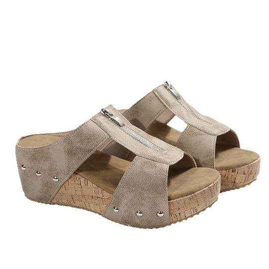 Damen Komfortable Keil-Sandalen mit Reißverschluss und Ziersteinchen EB