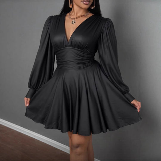 Damen elegantes Minikleid mit tiefem V-Ausschnitt und voluminösen Puffärmeln EB