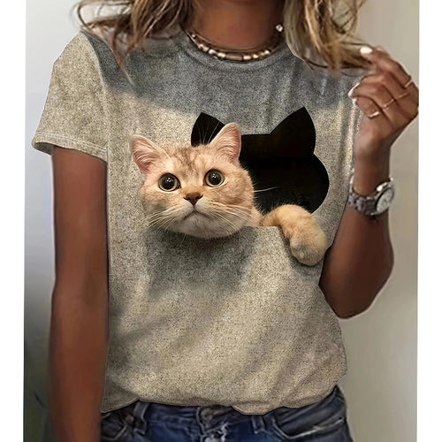 Damen T-Shirt mit 3D-Katzenmotiv und kreativem Rissdesign EB