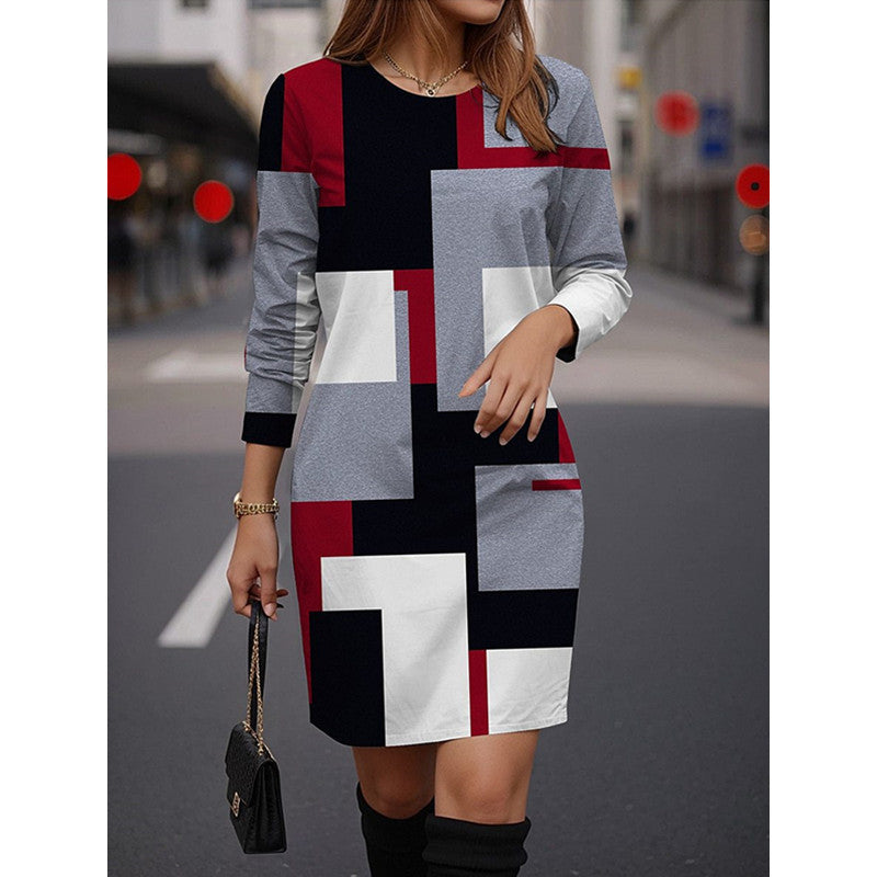 Damen Modisches Kleid mit geometrischem Muster und langen Ärmeln EB