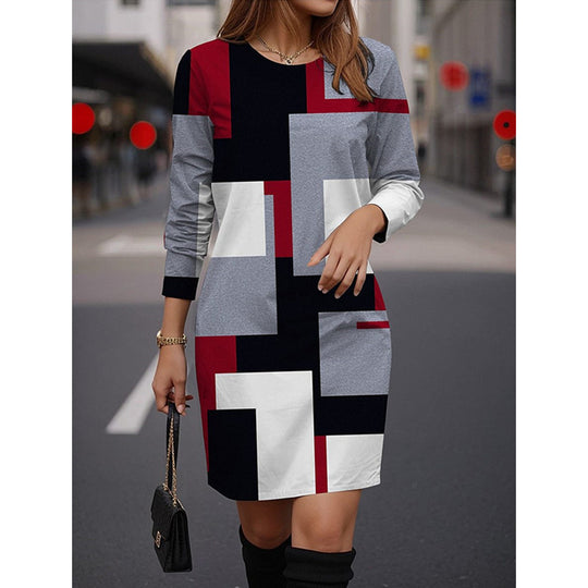 Damen Modisches Kleid mit geometrischem Muster und langen Ärmeln EB