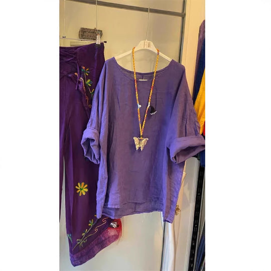 Damen Lockere Leinenbluse mit lässigem Schnitt und Rollärmeln EB
