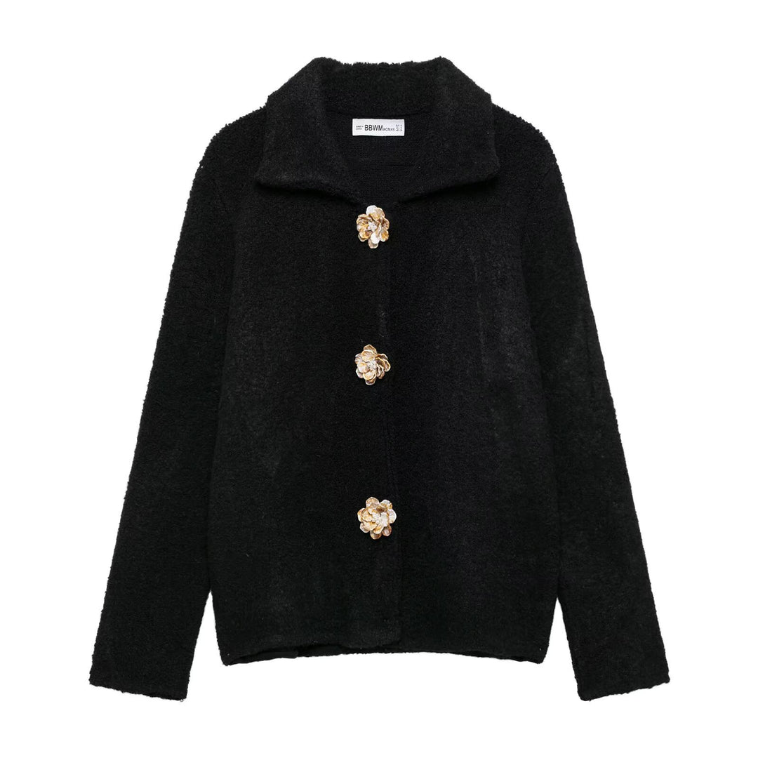 Damen Teddyjacke mit eleganten Blumenknopfdetails EB