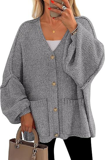 Damen Oversized Strickjacke mit Knöpfen und großen Taschen EB