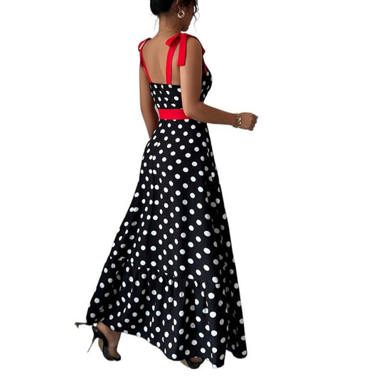 Damen Maxikleid mit verspieltem Polka-Dot-Muster und kontrastierendem Gürtel EB