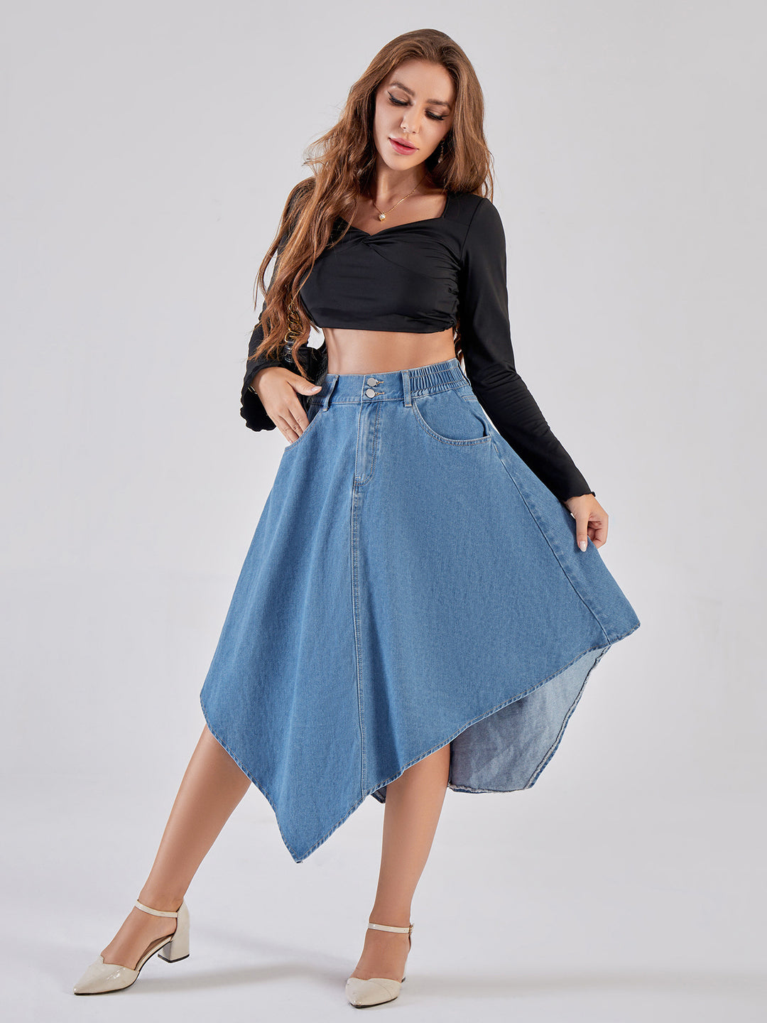 Damen asymmetrischer Denim-Rock mit attraktivem Saumdesign EB