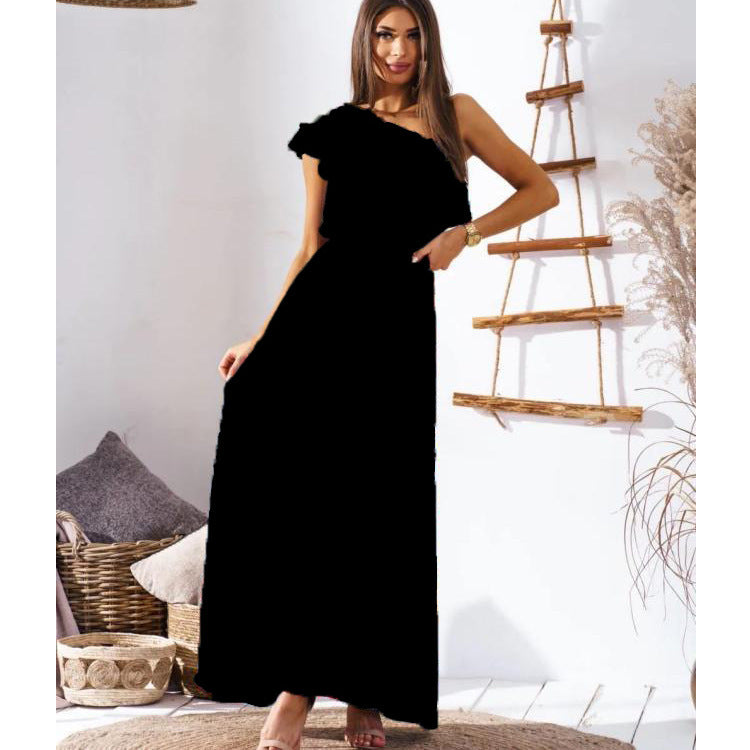 Damen Maxikleid mit asymmetrischem Träger und raffinierter Rüsche EB