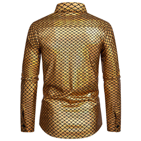 Herren schimmerndes Langarmhemd mit Fischschuppen-Design EB