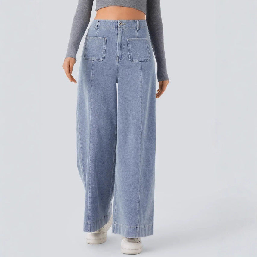 Damen nan hochtaillierte weite Jeanshose mit aufgesetzten Fronttaschen und vertikaler Ziernaht EB