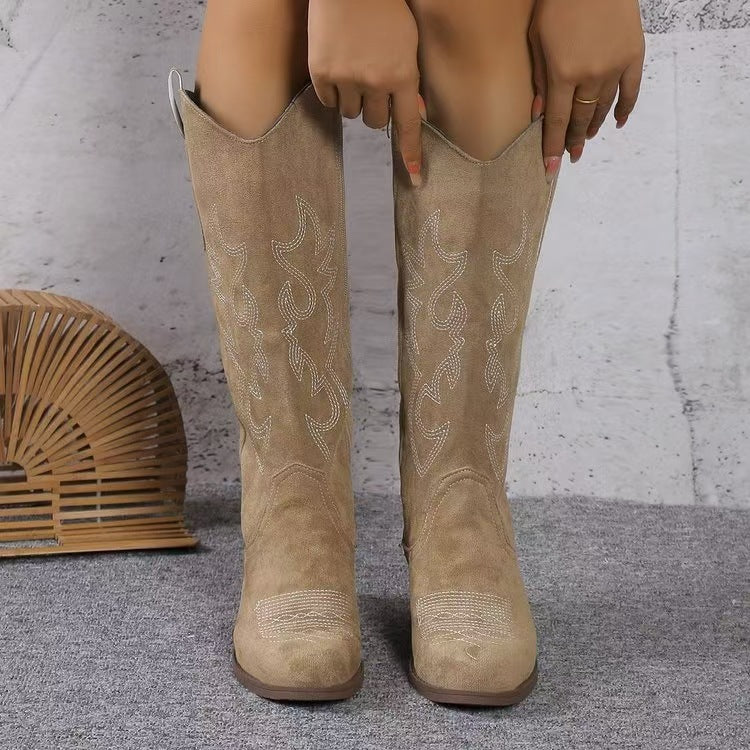 Damen nan Kniestiefel im Westernstil mit mittelhohem Blockabsatz seitlichem Reißverschluss und gesticktem Wildlederfinish EB