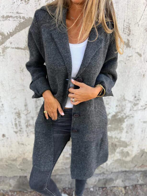Damen nan Oversize Wollmix-Mantel mit Reverskragen aufgesetzten Taschen geknöpfter Front und umgeschlagenen Ärmeln EB