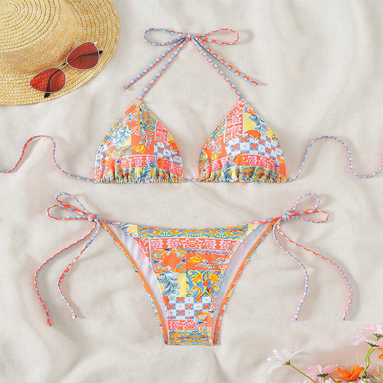 Damen Triangel-Bikini mit verspieltem Blumenmuster und verstellbaren Trägern EB