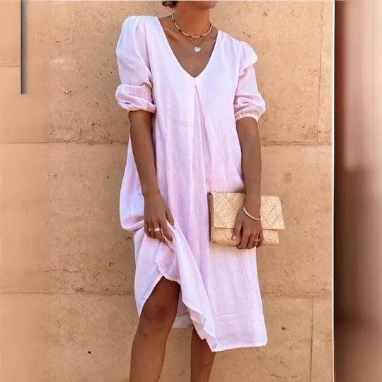 Damen lässiges Leinenkleid mit V-Ausschnitt und Puffärmeln EB