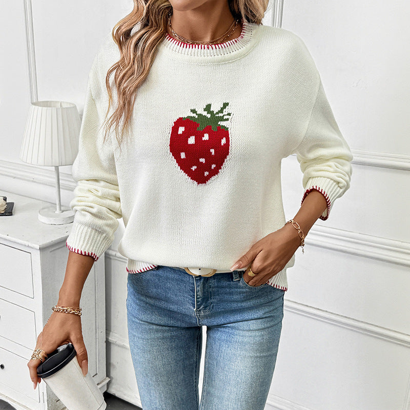Damen Strickpullover mit fruchtigem Erdbeer-Motiv und lässigem Schnitt EB