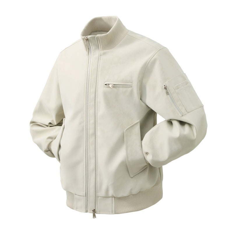 Herren Veloursleder-Optik Bomberjacke mit zweiwege-reißverschluss, Ärmel-Tasche und elastischen Rippenbündchen EB