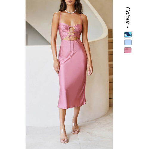 Damen Midi-Kleid mit aufregendem Schlüssellochausschnitt und fließendem Satin-Material EB