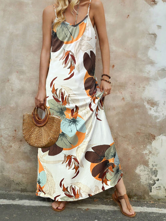 Damen Langärmliges Sommermaxikleid mit floralem Design und Spaghetti-Trägern EB