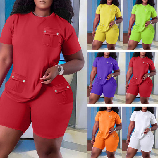 Damen Sportliches Oberteil und Shorts Set mit praktischen Taschen EB