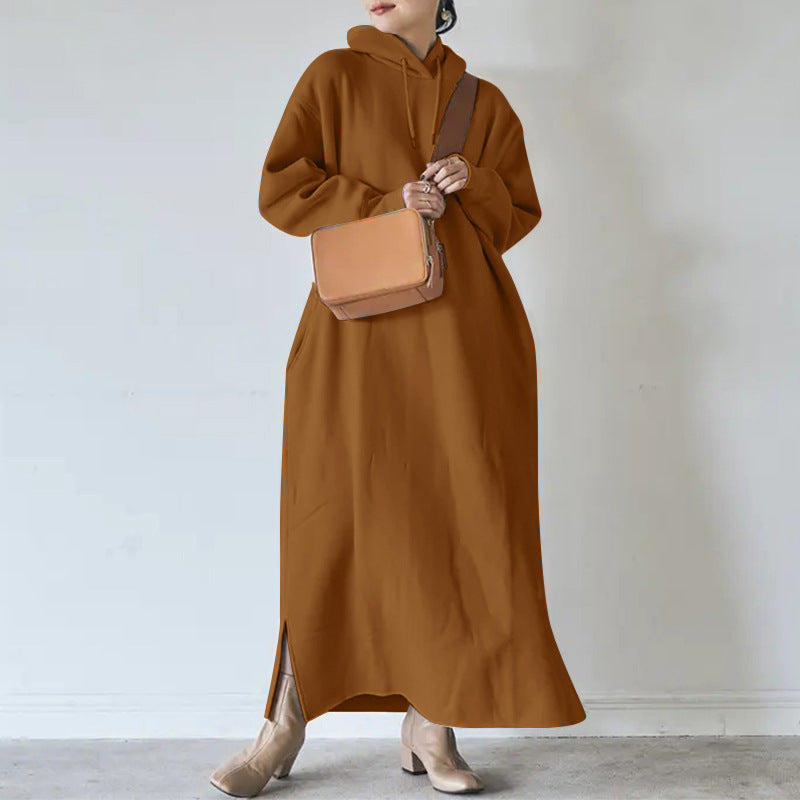 Damen nan Oversize Kapuzenmaxikleid mit geradem Schnitt und Seitenschlitz EB