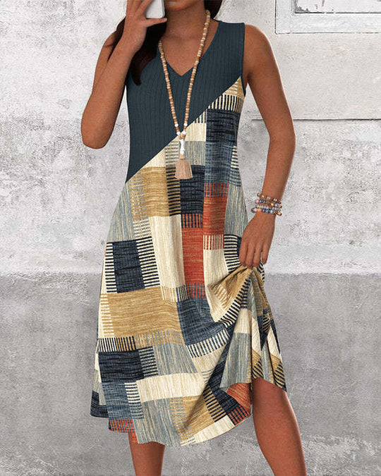 Damen nan ärmelloses V-Ausschnitt Midikleid mit diagonalem Patchworkmuster und geripptem Oberteil EB