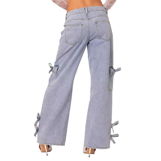Damen lässige Cargo-Jeans mit stylischem Schleifen-Detail EB