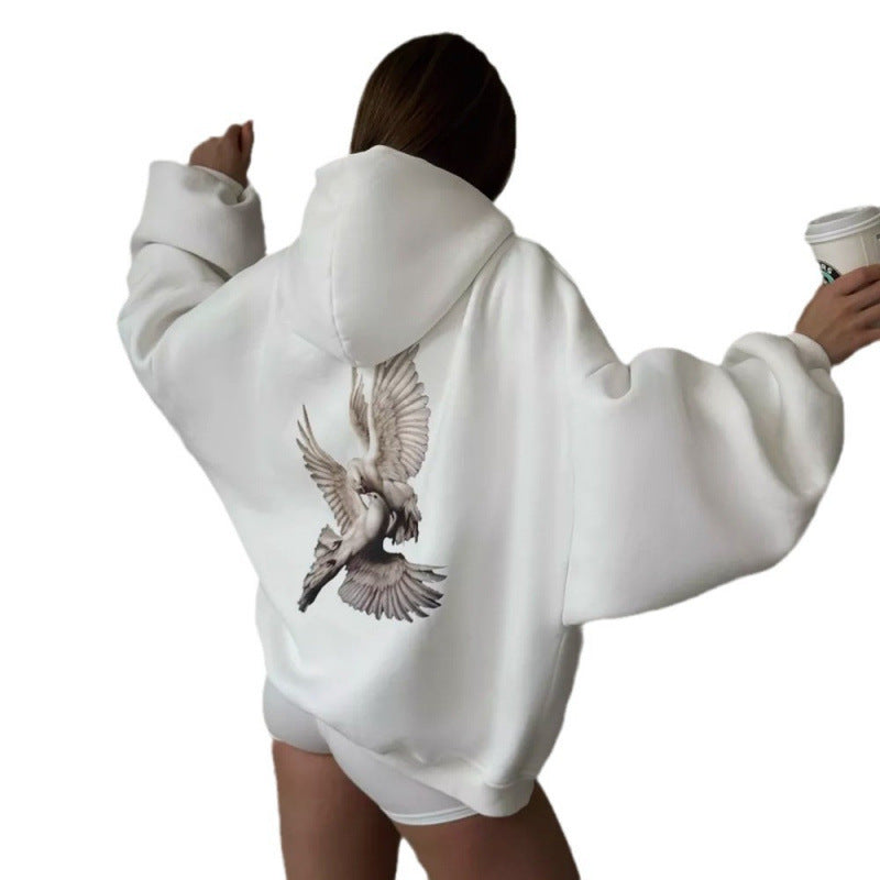 Damen Kapuzensweater mit kunstvollem Vogelmotiv und entspannter Passform EB