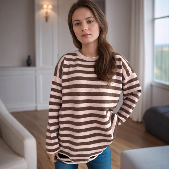 Damen lässiger Oversize-Pullover mit breiten Streifen EB