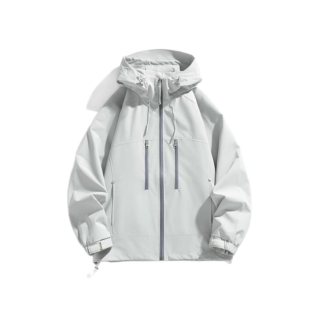 Unisex leichte wasserabweisende Kapuzenjacke mit zwei vertikalen Brustreißverschlusstaschen und verstellbarem Saum EB