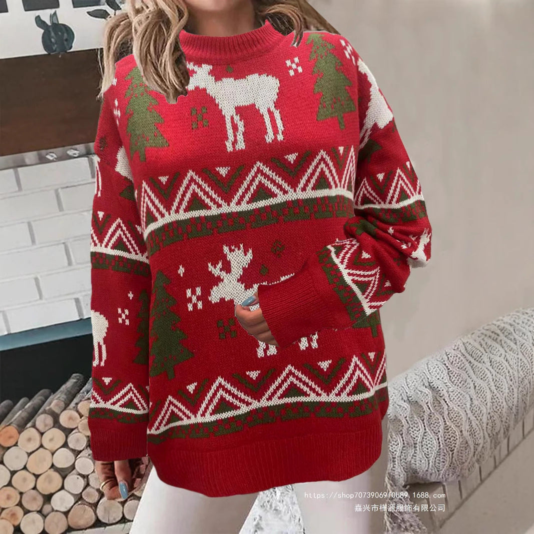 Damen Gemütlicher Weihnachts-Pullover mit festlichem Motiv und hoher Passform EB