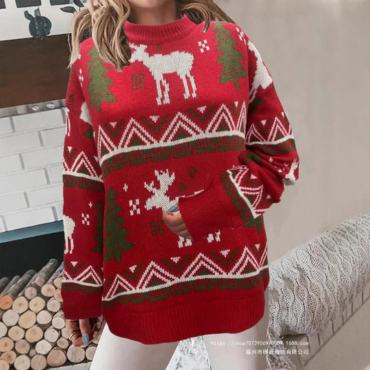 Damen Gemütlicher Weihnachts-Pullover mit festlichem Motiv und hoher Passform EB