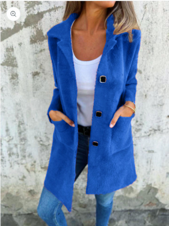 Damen Teddy-Mantel mit Oversize-Kragen, dekorativen Knöpfen und Eingrifftaschen EB