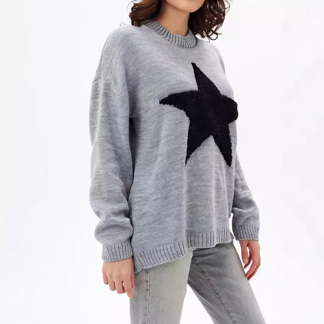 Damen Grobstrickpullover mit auffälligem Sternmotiv und lässigem Schnitt EB