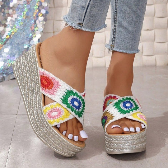 Damen Plateausandalen mit buntem Blumenmuster und rutschfester Sohle EB