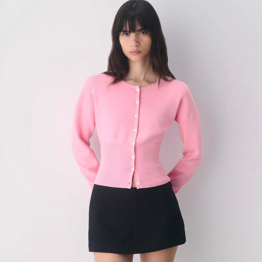 Damen Cropped Strickjacke mit Knopfleiste und Rippstrick EB