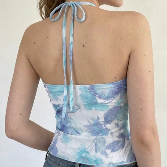 Damen Spaghetti-Trägertop mit floralen Einsätzen und transparenten Rüschen EB