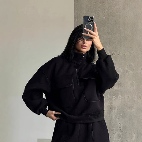 Damen nan Oversize Halbzip-Sweatshirt mit aufgesetzten Klappentaschen und Kontrastpaspeln EB