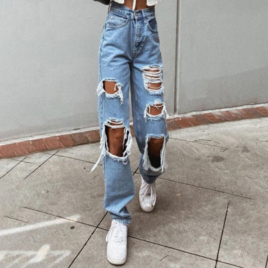 Damen lässige Destroyed Jeans mit weitem Bein EB