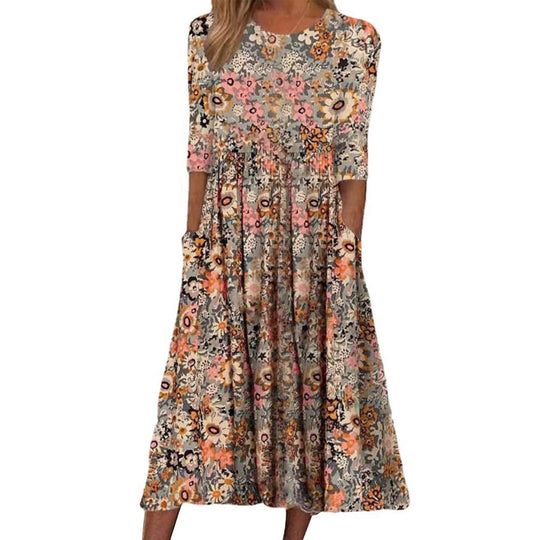 Damen Midi-Kleid mit floralem Design und praktischen Taschen EB