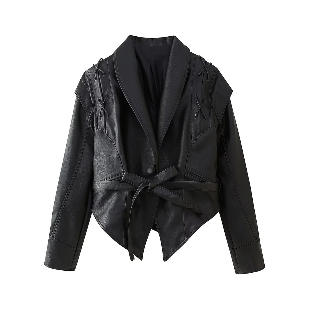 Damen modische Kunstlederjacke mit stilvollem Gürteldetail und elegantem Design EB