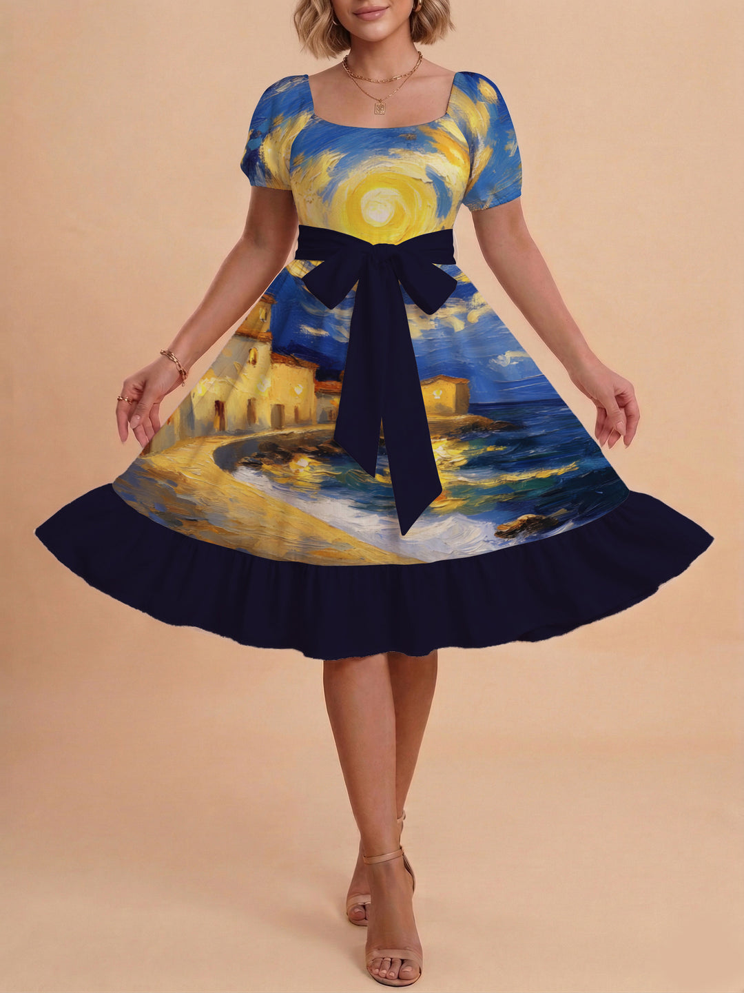 Damen schickes Glitzerkleid mit tailliertem Schnitt und Rüschensaum EB