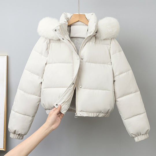 Damen nan kurz geschnittener Thermo-Blouson mit voluminöser Kapuzenblende und elastischem Saum EB