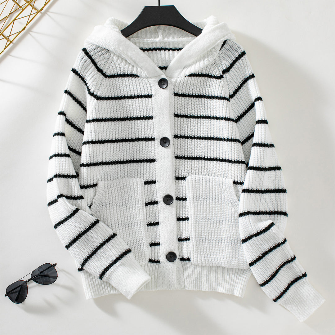 Damen gestreifte Strickjacke mit Kapuze und Taschen EB