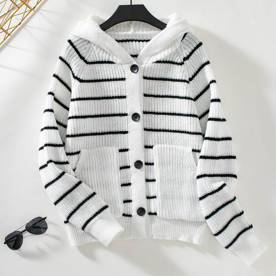 Damen gestreifte Strickjacke mit Kapuze und Taschen EB