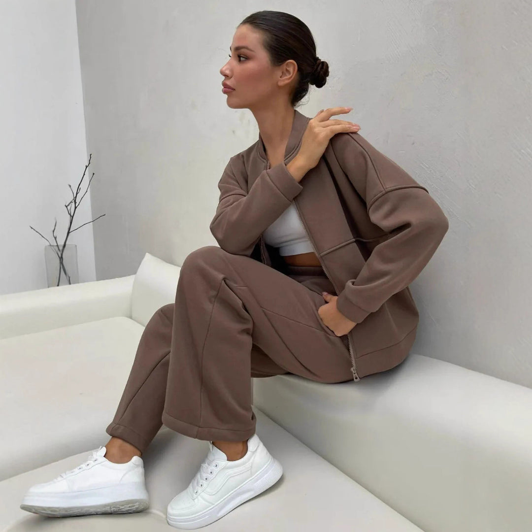 Damen Zweiteiliges Loungewear-Set mit kurzem Bomber-Zip und weiter hochgeschnittener Jogginghose EB