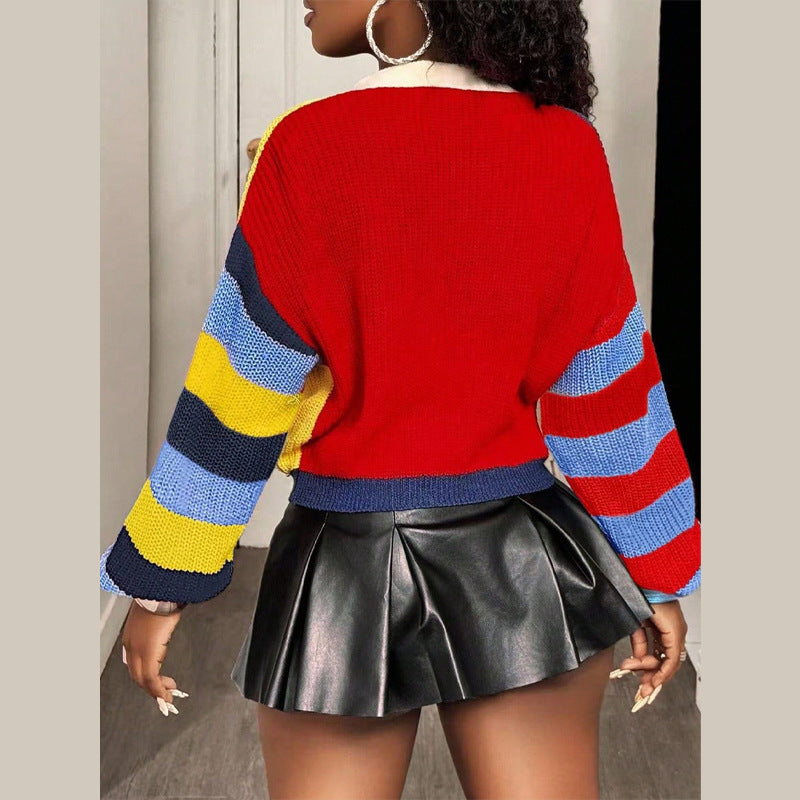 Damen Modische Strickjacke mit auffälligem Streifenmuster und farbigen Akzenten EB