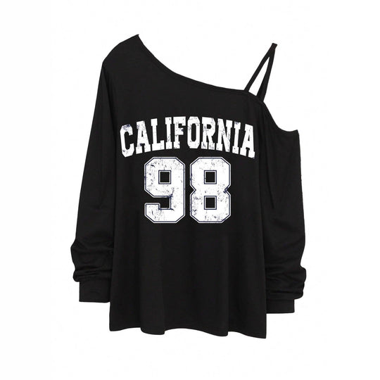 Damen nan lässiges One-Shoulder Sweatshirt mit Zierträgern und Vintage College-Print EB