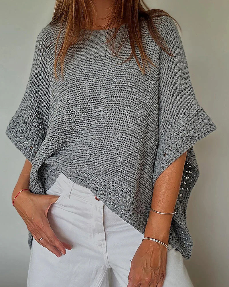 Damen Leichtes Oversize Strickponcho mit Häkelkante EB