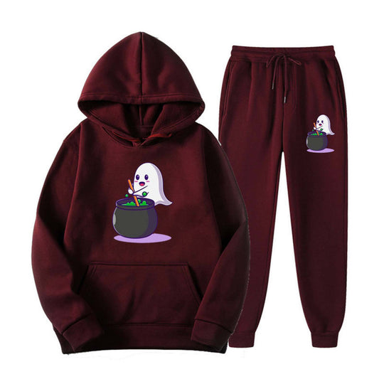 Unisex nan kuscheliger Kapuzenpullover und Jogginghose Set mit Halloween-Geistprint EB