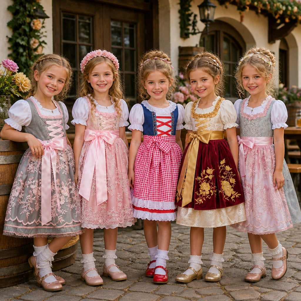 Damen nan traditionelles Kinderdirndl mit bestickter Schürze und Rüschenbluse EB